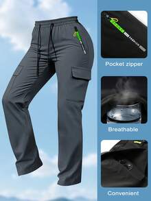 女士春秋季拉链口袋工装裤，时尚大口袋设计，抽绳松紧腰带，休闲户外/日常穿着修身长裤 - 灰色 - 查看 5