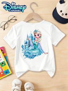 Disney Girl's Casual Double-Sided T-Shirt Elsa Frozen Castle Design Double-Sided Print - Infant And Toddler T-Shirt Design Short-Sleeved Casual Style Cute Style Comfortable And Loose Fit Suitable For Young Children Perfect For Parties And Playtime Machine Washable - 白色 - 查看 3