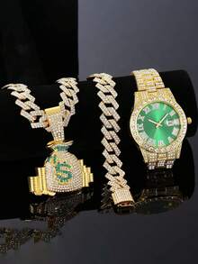 一套镶钻钱袋吊坠，15毫米菱形链项链，手链，绿色表盘手表，嘻哈风格男士配饰套装 - 綠色 - 查看 2