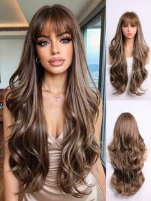24 Inch Long Wavy Brown Ombre Wig With Bangs For Women Synthetic Heat Resistant Fiber Glueless Ready To Wear Daily Party Wig - Brown - View 2