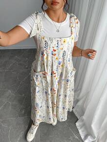 Plus Size Floral Print Women Double Pocket Strap Midi Dress Summer Vacation Elegant - Apricot - View 5