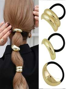 3 piezas Coletero de metal dorado, elegante y versátil, accesorios para el cabello con elástico estirado para mujeres, coleteros, bandas elásticas para el cabello, scrunchies, cuerda para el cabello, elásticos para el cabello, accesorios para la cabeza, banda elástica, para festival, fiesta - Multicolor - Ver 1