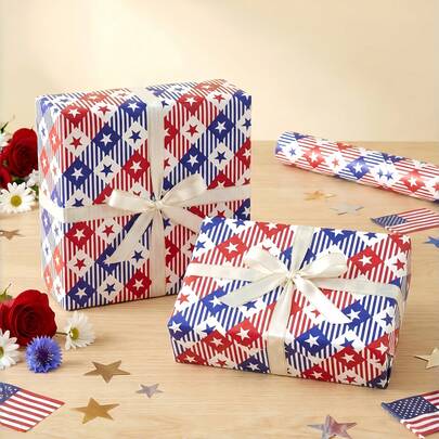 1 Rolle - Rot, Weiß und Blau amerikanische Flagge-Themen Geschenkpapier | Geometrisches Stern-, Streifen- und Schachbrettmuster | Patriotischer Feiertags-Stil Dekorationspapier | Ideal für Geburtstagsgeschenke & Geschenkboxen | Geeignet für Unabhängigkeitstag, Nationalfeiertage, Hochzeiten, Partys und Brautduschen | Vielseitiges Bastelpapier für DIY-Projekte, Blumenarrangements, Bucheinbände und Dekorationen | 43,2 cm x 300 cm (17 Zoll x 9,84 Fuß)