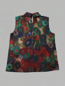 Blusa casual sin mangas para mujer, de longitud regular, con diseño de cuello alto y estampado floral vibrante para el verano - Multicolor - Ver 3