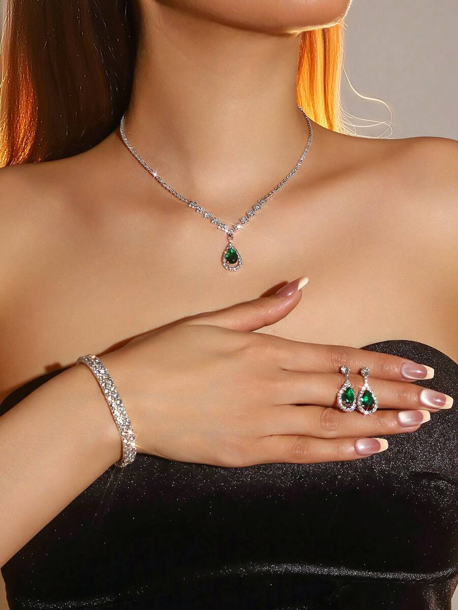 4pcs Bridal Jewelry Set Including (1 Necklace + 1 Pair Earrings + 1 Bracelet), Decorated With Rhinestones And Teardrop Pendants, Exuding Elegant And Refined Vibe - Suitable For Daily Wear, Weddings, Parties And Other Occasions.