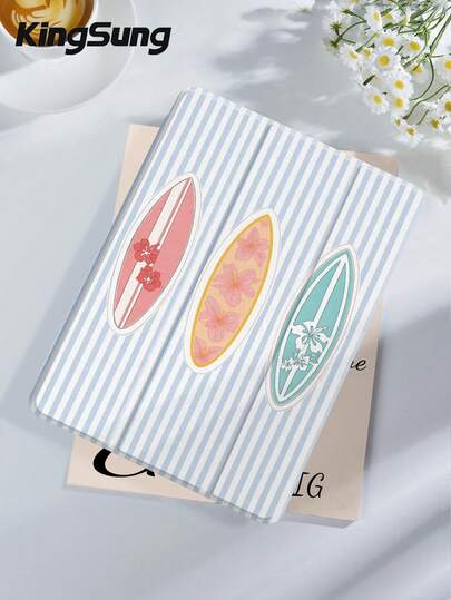 Kingsung 2026 冲浪板线条艺术图案平板电脑保护套，兼容 iPad 9.7/10.2/10.5/10.9/12.9/Pro 11（第十代）、Air 8 (M4) 2026 (11 英寸)、Air 6 (M4) 2036 (13 英寸)、Galaxy Tab S6 Lite 10.4 英寸、Kindle Paperwhite 第十二代 2024、Kindle 第十一代 2022，Clara 色。柔软防震保护，智能支架/自动唤醒/睡眠功能，海洋元素设计。