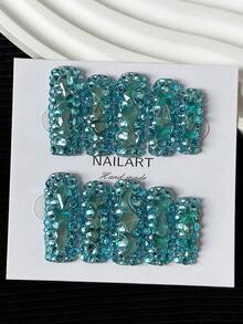 Y2K 奢华薄荷蓝全水晶长方形手工美甲贴纸，手工打造 3D 全覆盖水晶设计，闪亮夺目，奢华水晶装饰，优雅百搭，时尚创意，适合婚礼、派对、户外、海滩、日常、节日、聚会、工作和特殊场合 - 10 片/包 - 薄荷藍 - 查看 6