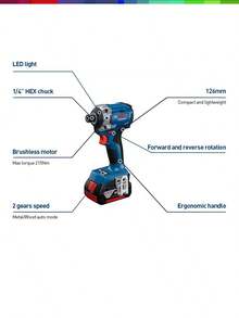 bosch 博世 GDR18V-215N 18V 无刷冲击起子 - 1,900 英寸磅扭矩，0-3,300 次冲击/分钟，紧凑型设计，1/4 英寸快换六角驱动，带批头套装和工具箱（不含电池） - 彩色 - 查看 6