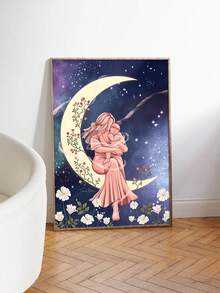 1幅以治愈系浪漫母爱为主题的装饰艺术画：艺术海报，描绘了星空、新月、野花和一位抱着宝宝的母亲——波西米亚风格。非常适合儿童房、婴儿房、客厅和卧室的墙面装饰。无框。 - 抽象 - 查看 9