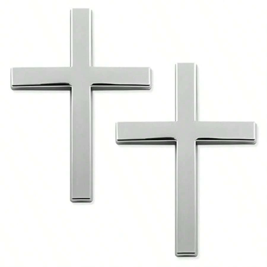 2PCS Metal Christian Cross Emblem Stickers 2.5*1.8in 3D Jesus Christ Auto Emblem Badge Decal Self-Adhesive Styling Cross Decal Decoration For Trunk Tailgate Side Fender Silver - 銀 - 查看 1
