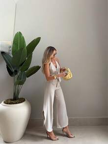 above the aurora 女士优雅休闲夏季吊带背心阔腿裤两件套，适合办公室穿着 - 杏色 - 查看 1