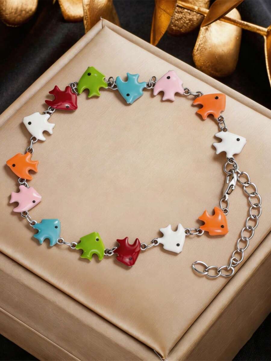 1pc Stainless Steel Oil Drop & Fish Charm Anklet, Suitable For Daily Commute, Beach, And Vacation Matching - Multicolor - View 1