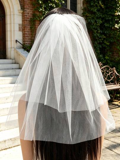 1件复古双层薄纱发梳头纱，简约优雅新娘头饰，婚礼/摄影/派对造型配饰