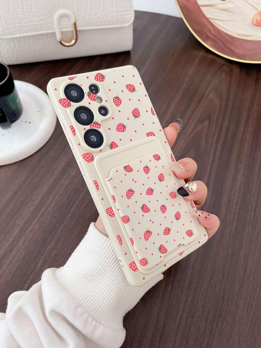 1 ốp lưng điện thoại TPU màu trắng họa tiết chấm bi dâu tây dễ thương chống sốc và 1 ngăn đựng thẻ dán họa tiết chấm bi dâu tây màu tím, kiểu dáng 2 trong 1 thời trang, tương thích với Samsung/ - Nhiều màu - Xem 1