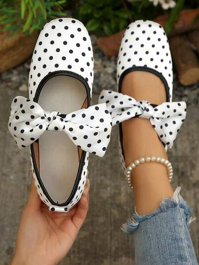 Women's Summer White Mary Jane Flats, Polka Dot Bow Design, Slip-On, Round Toe, Shoes, Elegant Stylish, Comfortable & Versatile, Four Seasons Wearable, For Party Holiday Daily Occasion