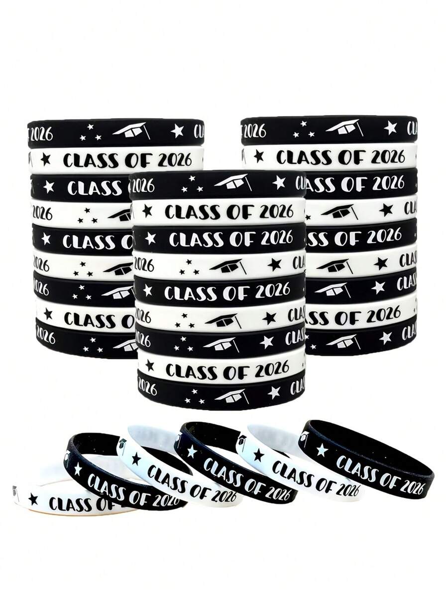 20pcs/10pcs/1pc 2026 Graduate Silicone Wristbands, Graduation Party Favors, Black & Gold Rubber Wristbands For High School And College Students, Graduation Celebration Supplies, Commemorative Collectible Gifts, Wrist Accessories - Black and White - View 1