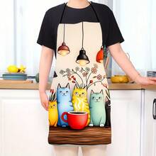 Cute Cat Pattern Polyester Apron Vibrant Cartoon Cats With Hearts & Stars DesignKitchen Apron For Cooking, Baking Home Decor - D - View 10