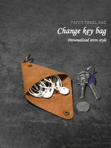 Leather Solid Color Customized Data Cable Storage And Protection Customized Text LOGO Vintage European And American Style Pouch Triangle Keychain Bag Data Cable & Bluetooth Earphone Storage Bag Suitable For Going Out Decoration Earphone Storage Coin Key Convenient To Carry Holiday Party Gift Giving Mother's Day Birthday - Multicolor - View 3