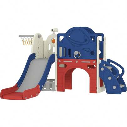 Qaba 8 In 1 Toddler Slide Set, Kids Climber Slider With Basketball Hoop And Ball, Ring Toss, Telescope, Storage, Outdoor Indoor Playground For Toddlers Aged 1-6
