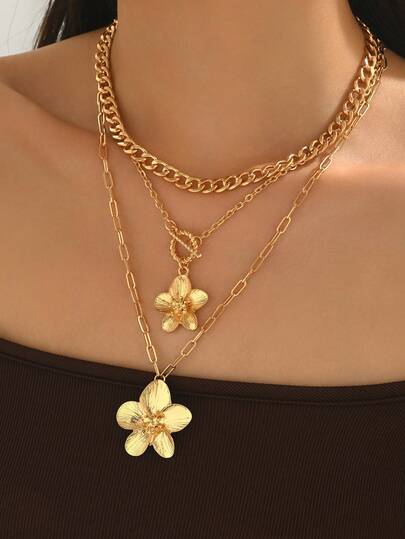 Bộ 3 dây chuyền hoa nhiều lớp, dây chuyền choker thiết kế kim loại sang trọng, phù hợp để đeo hàng ngày vào mùa hè, đi làm, hẹn hò, đa năng, món quà trang sức thanh lịch dành cho bạn gái, bạn thân.