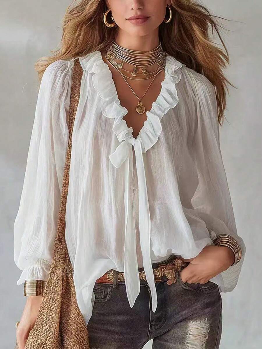 Áo kiểu nữ tay dài cổ chữ V bèo nhún thắt nơ bằng vải chiffon, dáng rộng thoải mái, vạt áo thông thường, màu trắng. - trắng - Xem 1