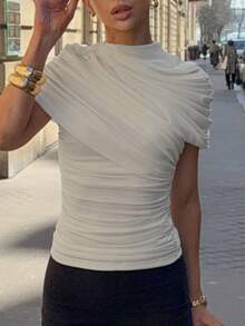 Daleeva Women's Solid Color Pleated Collar Fashionable Versatile Blouse White Elegant Summer - White - View 5