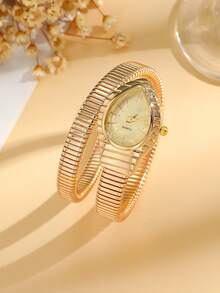 Gold Snake-Shaped Stretch Bracelet Watch With Crystal Accents, Teardrop Dial, Y2K Retro Statement Accessory 1pc/Set - Gold - View 2