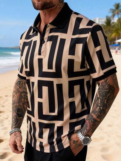 Camisa polo de manga corta para hombre, con cuello, diseño de estampado de bloques de color aleatorio, casual, versátil, adecuada para uso diario, ir al trabajo, estilo callejero, verano