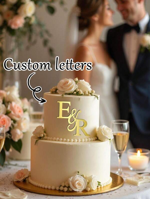 Individuelle Acryl Tortendekoration - beinhaltet Monogramm, einzelnen Initialen und personalisierter Text | Erhältlich in Gold | Geeignet für Hochzeitstorten | Dekorative Accessoires für besondere Anlässe wie Geburtstag, Hochzeit, Weihnachten, Abschlussfeier