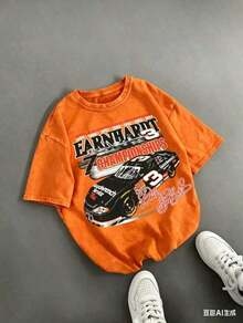 Retro DaleS Earnhardt #3 NASCARS 7 Championships Racing Car Graphic Tee,Casual Print,Comfortable And Versatile,Pure Cotton 220g Washed Printed T-Shirt - 橘色 - 查看 4