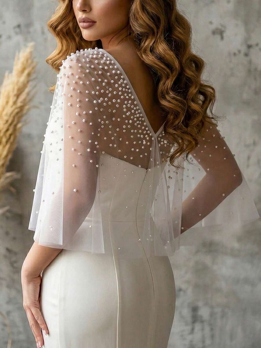 1pc Shiny Faux Pearl Chiffon Shawl, Short Bridal Wedding Accessory, Suitable For Party, Travel & Holiday Outerwear - 彩色 - 查看 1