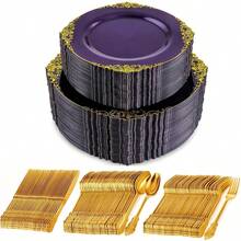 100-Piece Purple Disposable Plastic Tableware Set With Gold Floral Patterns; Reusable; Serves 20 Guests; Perfect For Birthday Parties, Holiday Gatherings, Weddings, Party Supplies, And Catering Equipment-Valentine's Day, Graduation Season, World Cup - View 2