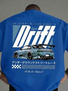 Áo thun nam FRACTYR phong cách đường phố mùa hè | Áo thun in hình họa tiết đua xe đường phố Nhật Bản "Hyper Drift" | Món đồ không thể thiếu trong tủ đồ phong cách đường phố retro | Áo cổ tròn tay ngắn - Màu xanh lam - Xem 1