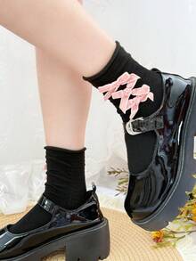 1/4 双甜美百搭洛丽塔单层荷叶边蝴蝶结袜口中筒袜，春夏款 - 彩色 - 查看 2