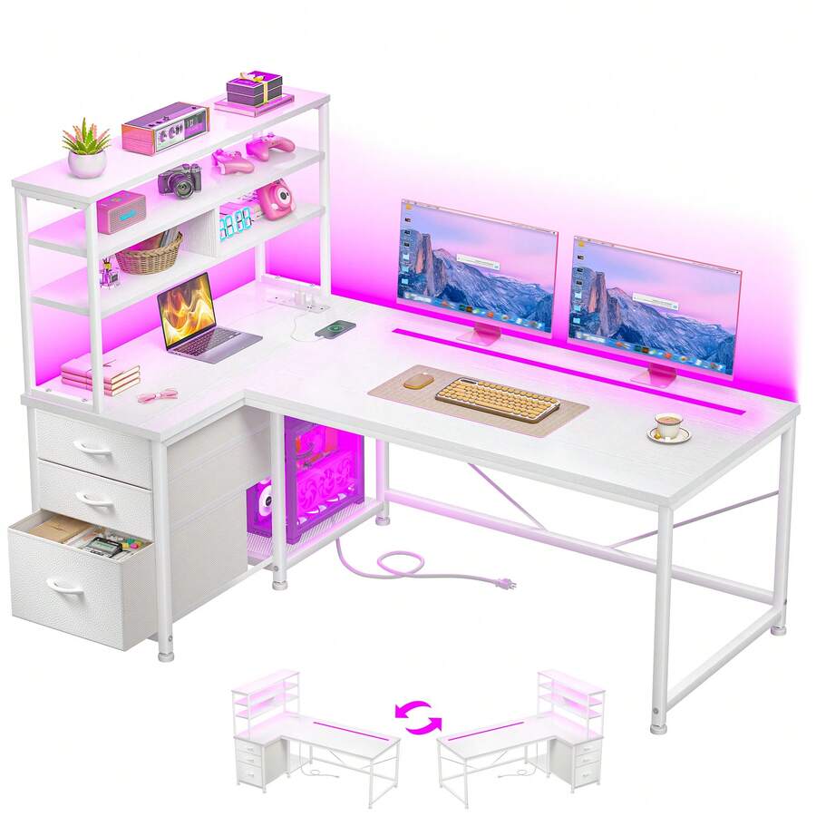 EnHomee 47.2"Reversible L Shaped Computer Desk With Remote LED Lights, Power Outlet & 3 Fabric Drawers, Corner Office Desk For Home Office Bedroom Gaming - 查看 1