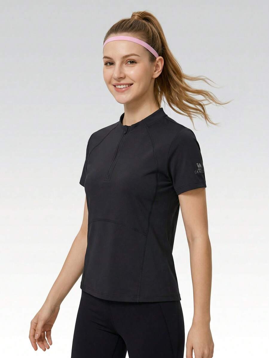 CAMEL CROWN Camiseta de running de manga corta de secado rápido para mujer, adecuada para correr al aire libre y yoga en verano - Fantasma negro - Ver 1