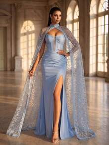 Smilprince Đầm dài màu xanh nhạt thanh lịch dành cho nữ, có cổ tàu, khăn choàng ren đính sequin mỏng manh và đường xẻ cao quyến rũ, thích hợp cho các dịp dạ hội, tiệc cưới. - Màu xanh nhạt - Xem 1