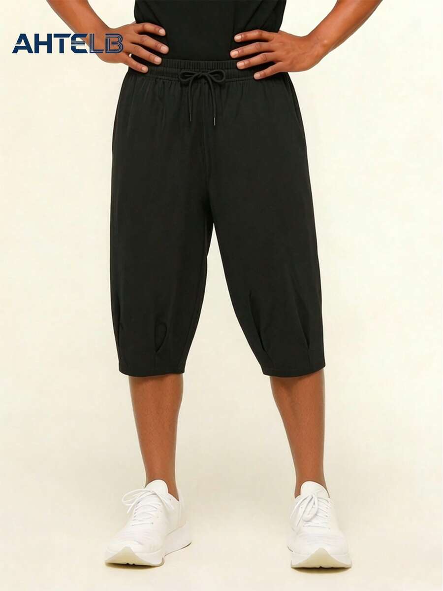 AHTELB 男士七分裤，宽松休闲直筒裤，健身训练跑步裤，夏季薄款透气裤 - 黑色 - 查看 1