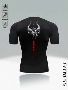 Men's Lightweight Sports T-Shirt, Quick-Dry Short Sleeve Casual Outdoor Training Tee With Printed Design, Suitable For Summer - Black - View 3