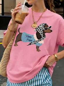 Plus Size Short Sleeve Round Neck Regular T-Shirt, Happy Puppy Print, High Elasticity Fabric Casual - Pink - View 4