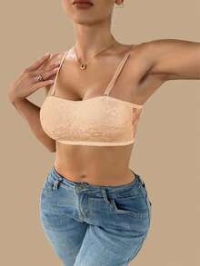 1PC French Lace Non-Strap Balconette Sexy Bras, Fixed Cup Pad, Adjustable Shoulder Straps, Uplifting And Firming, Must-Have Bras For Daily Use, One-Shoulder Invisible Bras - Apricot - View 7