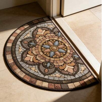 1 pieza Felpudo semicircular - Felpudo semicircular bohemio con patrón de mandala floral, alfombra de entrada para interiores/exteriores, felpudo de piedras de colores 2D en beige/marrón/gris/negro/blanco, para puerta principal, patio, decoración del hogar - Fácil de limpiar, patrón floral, estructura resistente, alfombra decorativa, decoración interior, felpudo, alfombrita, felpudo de bienvenida, alfombra, felpudo exterior, alfombra de cocina, decoración del hogar, felpudo de entrada