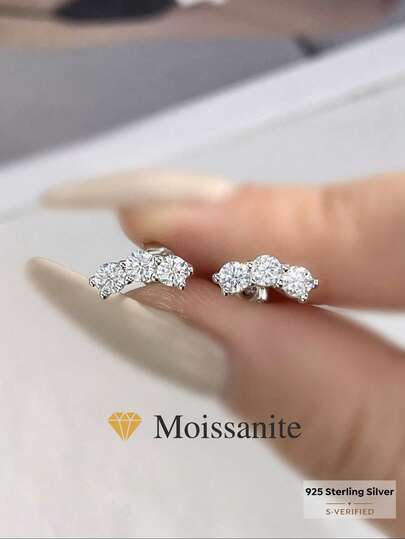 1 Đôi bông tai đính 3 viên đá Moissanite, bạc sterling 925, bông tai cưới/đính hôn, quà tặng trang sức cao cấp cho phụ nữ nhân dịp kỷ niệm