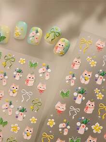 1 miếng dán móng tay hình mèo 5D nổi Kawaii, hình hoạt hình hoa, bướm, động vật, tự dính, trang trí móng tay DIY - Nhiều màu - Xem 6
