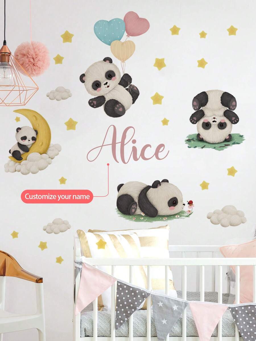 3 Styles Available, Customizable Cute Panda & Rabbit Name Wall Sticker, Removable Wallpaper, Suitable For Children's Bedroom, Living Room Decor, Room Decoration, Sticker, Home Decor, Kitchen Decor, Wall Decor, Bathroom Decor, Decorations, Bedroom Decor, House Decor, Residential Decor, Peel And Stick Wallpaper, Removable Wall Paper, Living Room Wall Art, Living Room Decor - Multicolor - View 1