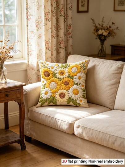 1个柔软短绒抱枕套，45*45厘米 - 雏菊图案，适用于客厅、卧室、办公室装饰（不含枕芯），时尚雏菊印花抱枕套 | 雏菊图案 | 耐用装饰枕