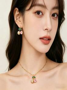 一套樱桃造型水钻耳环和项链，甜美优雅的办公室佩戴首饰套装 - 金色 - 查看 1