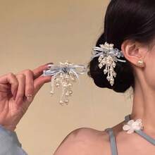 【×パール】蝶リボンクリップ 揺れるフリンジ 大人可愛いヘアアクセ - ピンクのリボンとパールのヘアクリップ - チェックする 2