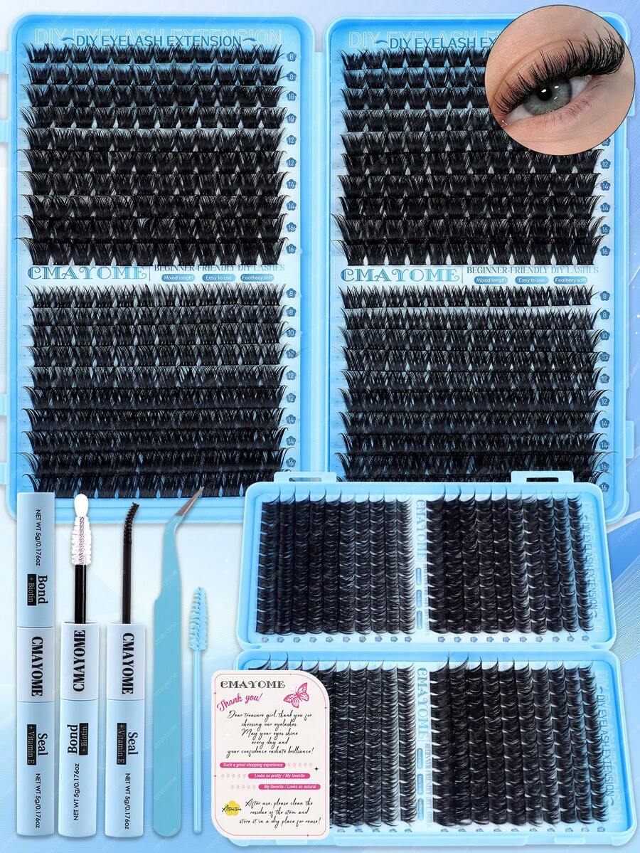 480/440簇精致D型卷翘假睫毛，DIY自粘睫毛簇，9-18mm浓密柔软分段式睫毛，超浓密款，自然妆效，持久定型，超轻盈舒适。此款睫毛套装还包含睫毛胶水、睫毛镊子和睫毛刷，适合日常通勤、婚礼、约会、派对、音乐节和旅行等各种场合。睫毛簇，单根假睫毛，假睫毛，自然妆效假睫毛
