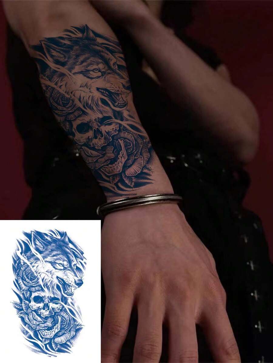 1 hoja Tatuaje temporal de gráfico animal botánico del Rey Lobo para hombres, tatuaje creativo y novedoso, resistente al agua, adecuado para brazos, piernas, cintura y otras partes del Body, arte de tatuaje realista y de moda, fácil de aplicar y retirar, dura de 7 a 10 días - Azul - Ver 1